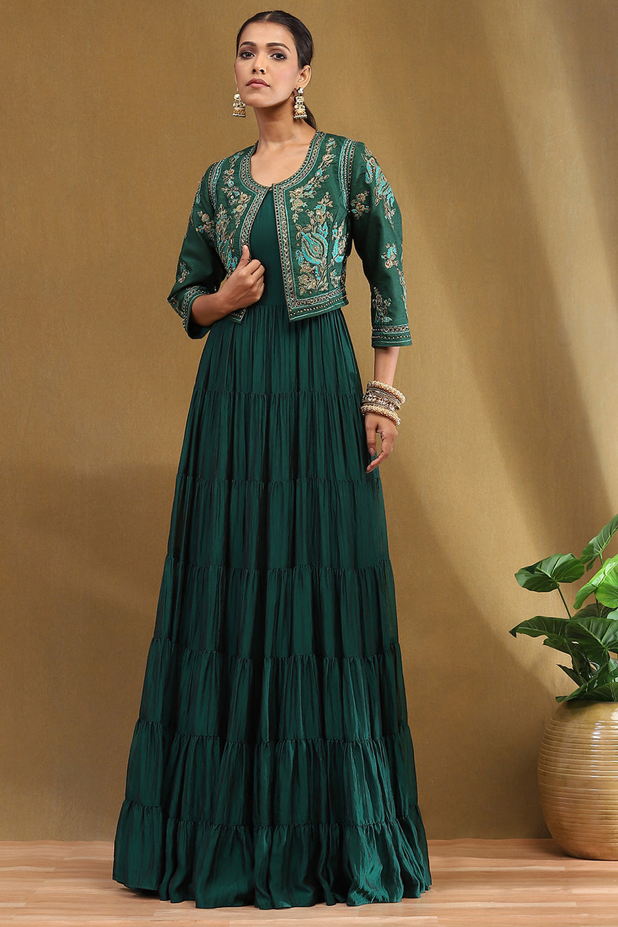 Emerald Green Silk Festive Tiered Anarkali Dress E45