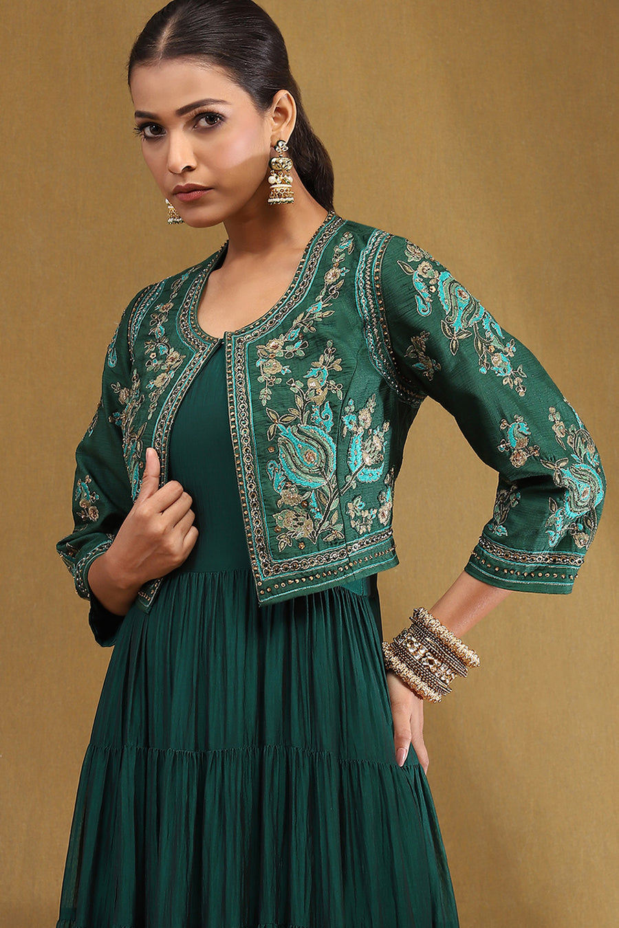 Emerald Green Silk Festive Tiered Anarkali Dress E45