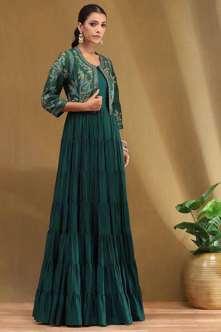 Emerald Green Silk Festive Tiered Anarkali Dress E45
