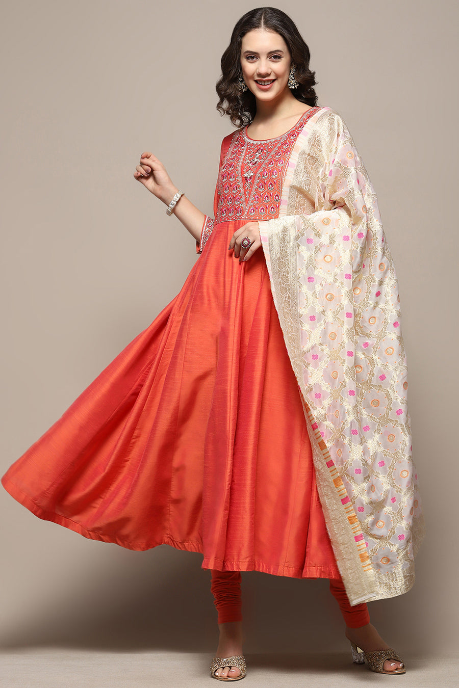 Orange Embroidered Detail Festive Anarkali Suit Set A34