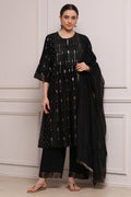 Black Silk Yarned Printed Gathered Suit Set KS60