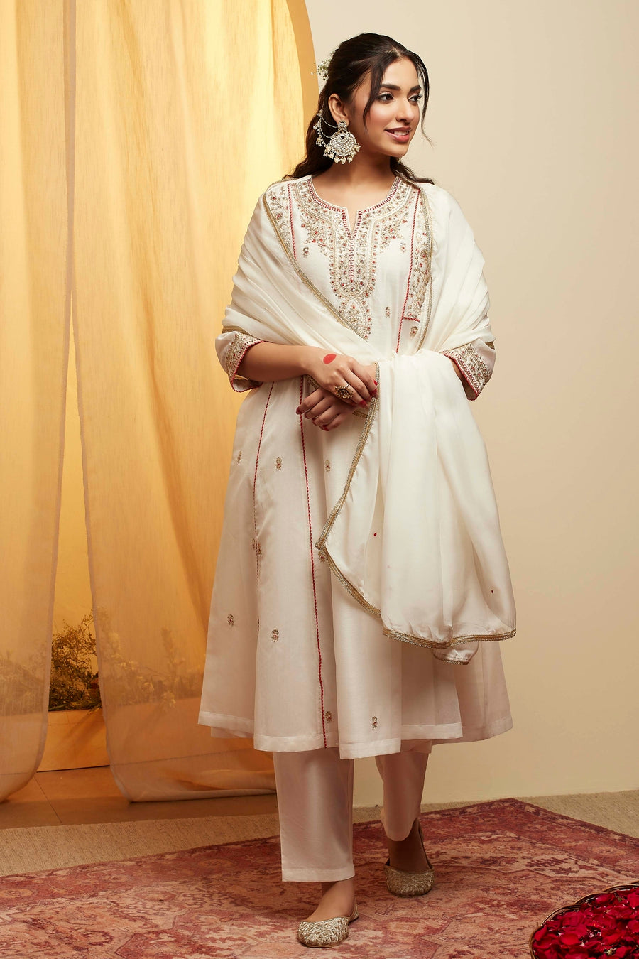 Off-White Embroidered Polyester Kurta Set KS60