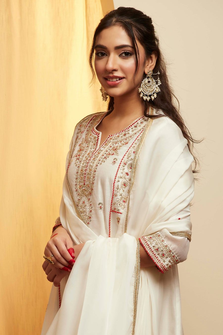 Off-White Embroidered Polyester Kurta Set KS60