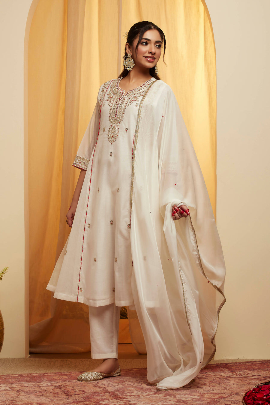Off-White Embroidered Polyester Kurta Set KS60