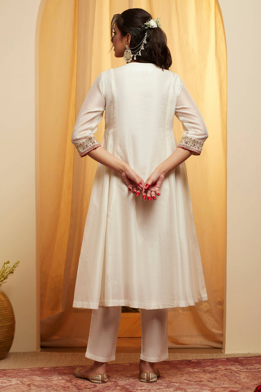 Off-White Embroidered Polyester Kurta Set KS60