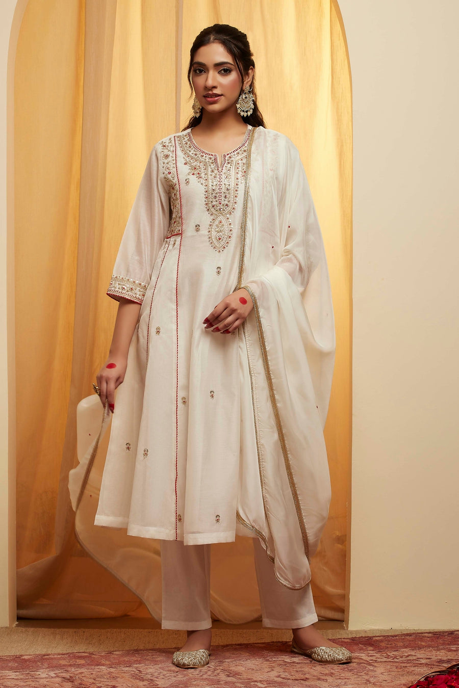 Off-White Embroidered Polyester Kurta Set KS60