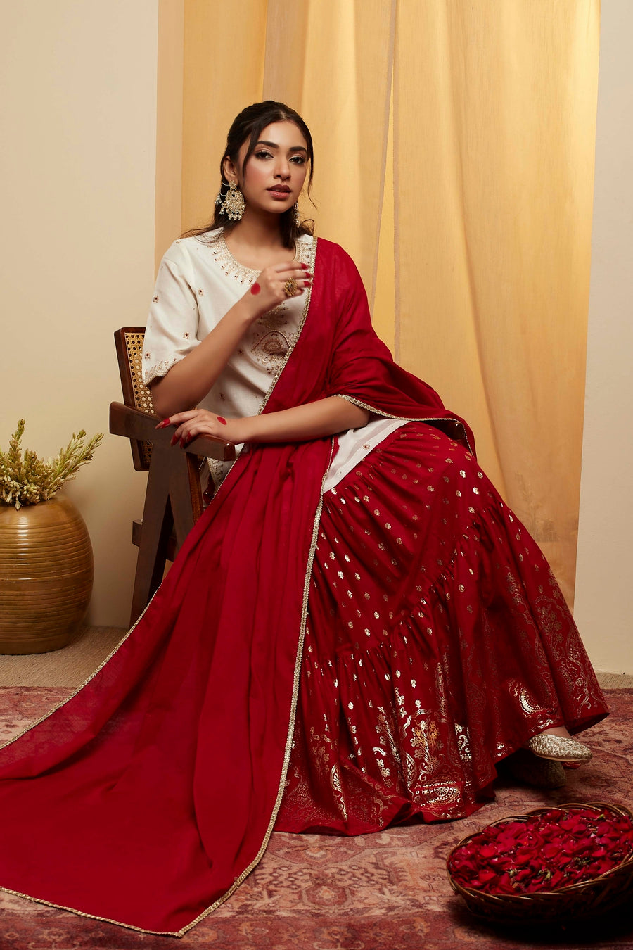 Off-White & Red Polyester Embroidered Lehenga Set KS60