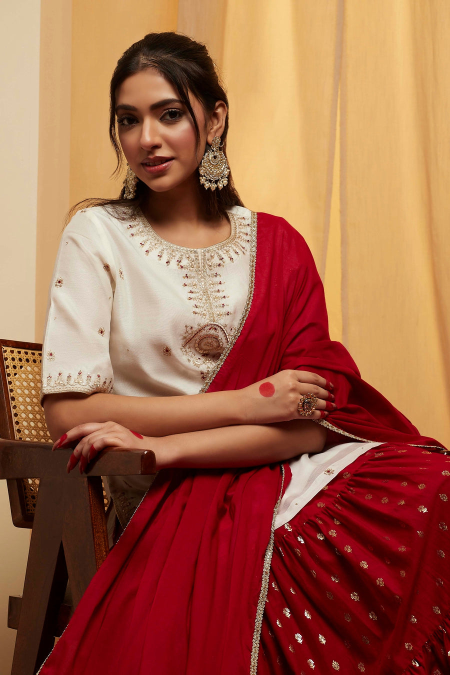 Off-White & Red Polyester Embroidered Lehenga Set KS60