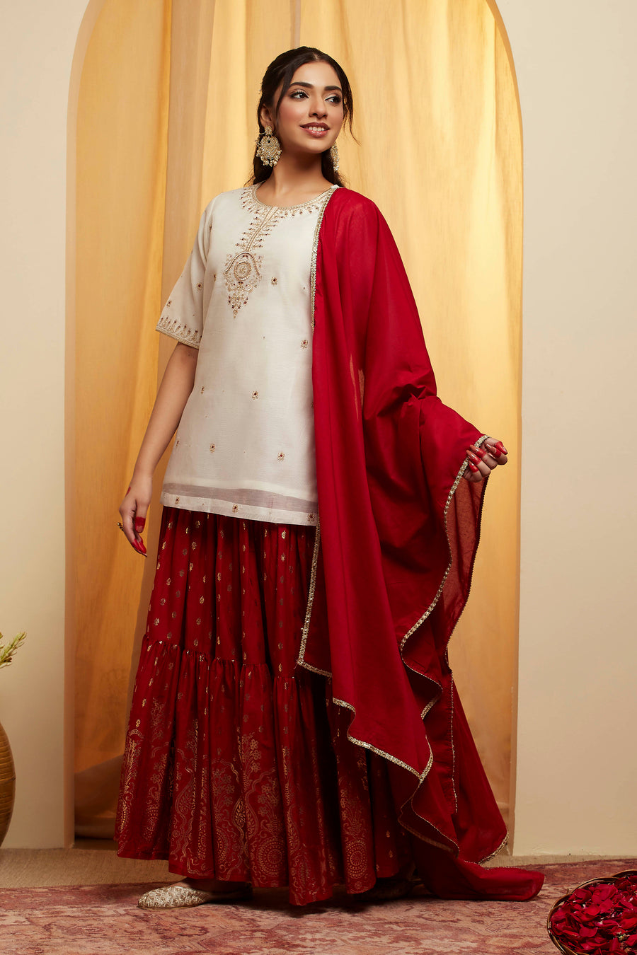 Off-White & Red Polyester Embroidered Lehenga Set KS60