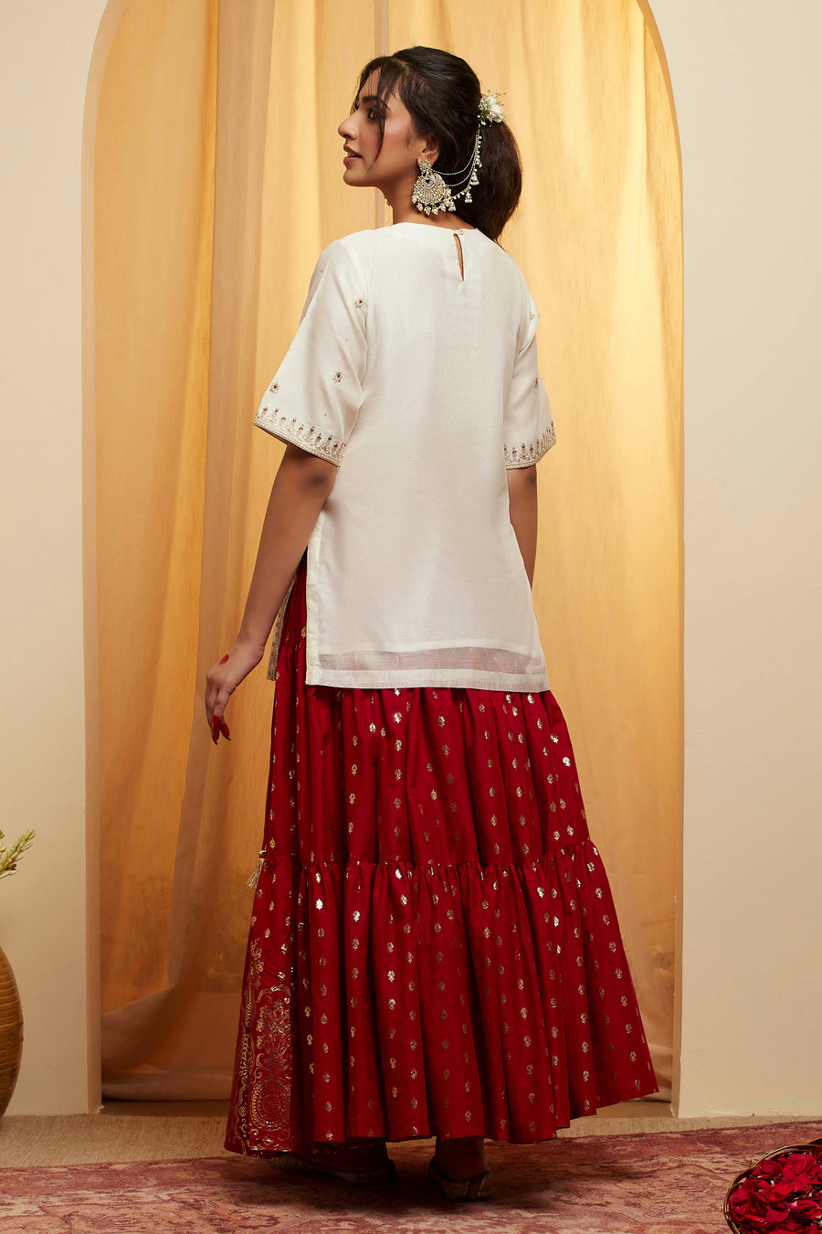 Off-White & Red Polyester Embroidered Lehenga Set KS60