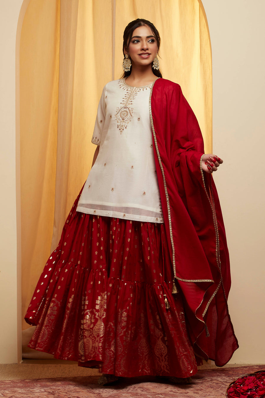 Off-White & Red Polyester Embroidered Lehenga Set KS60