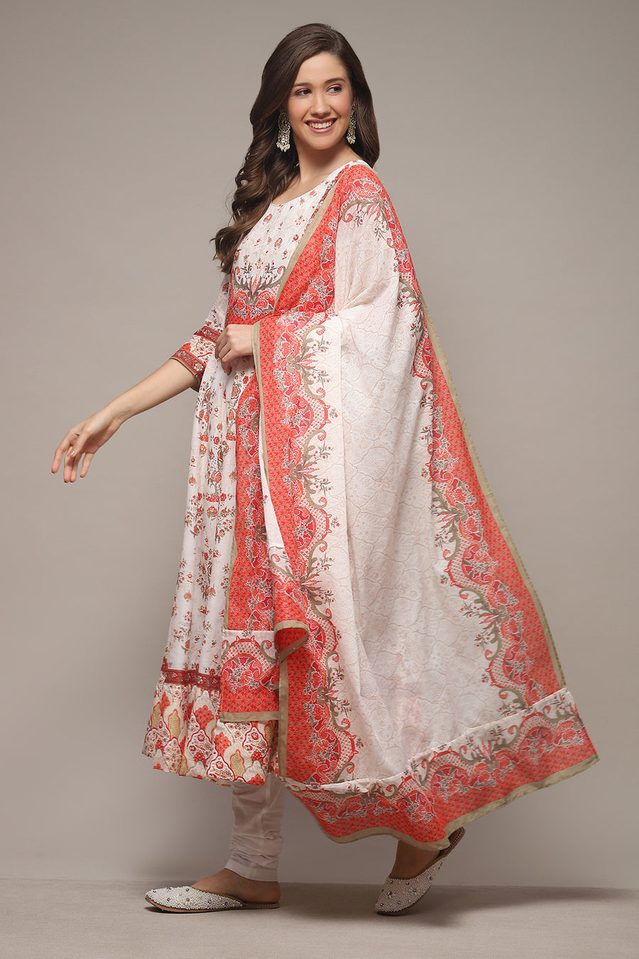 Cream Cotton Anarkali Kurta Churidar Suit Set A34