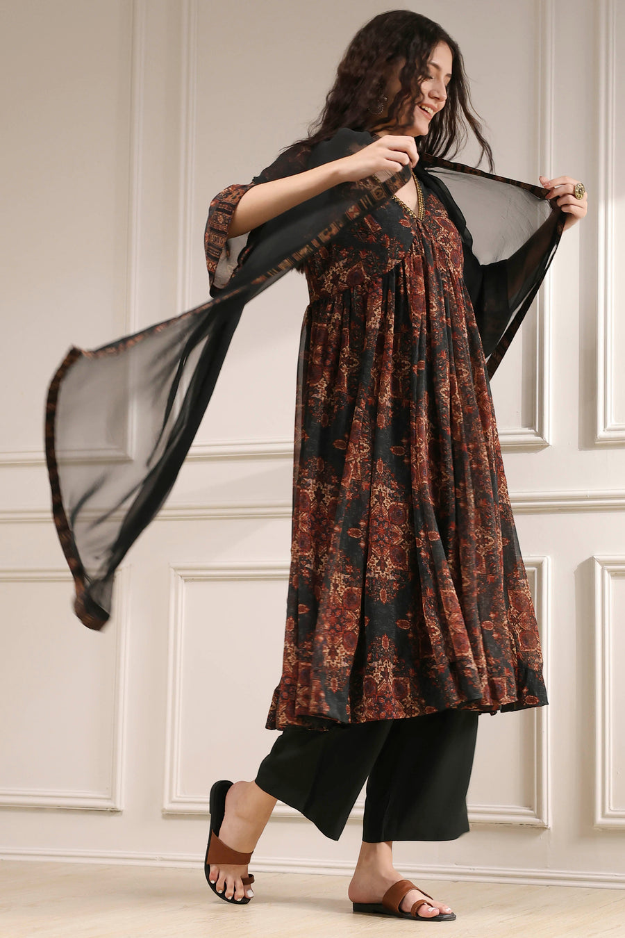 Charcoal Black Printed Gathered Suit Set KS60