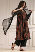 Charcoal Black Printed Gathered Suit Set KS60