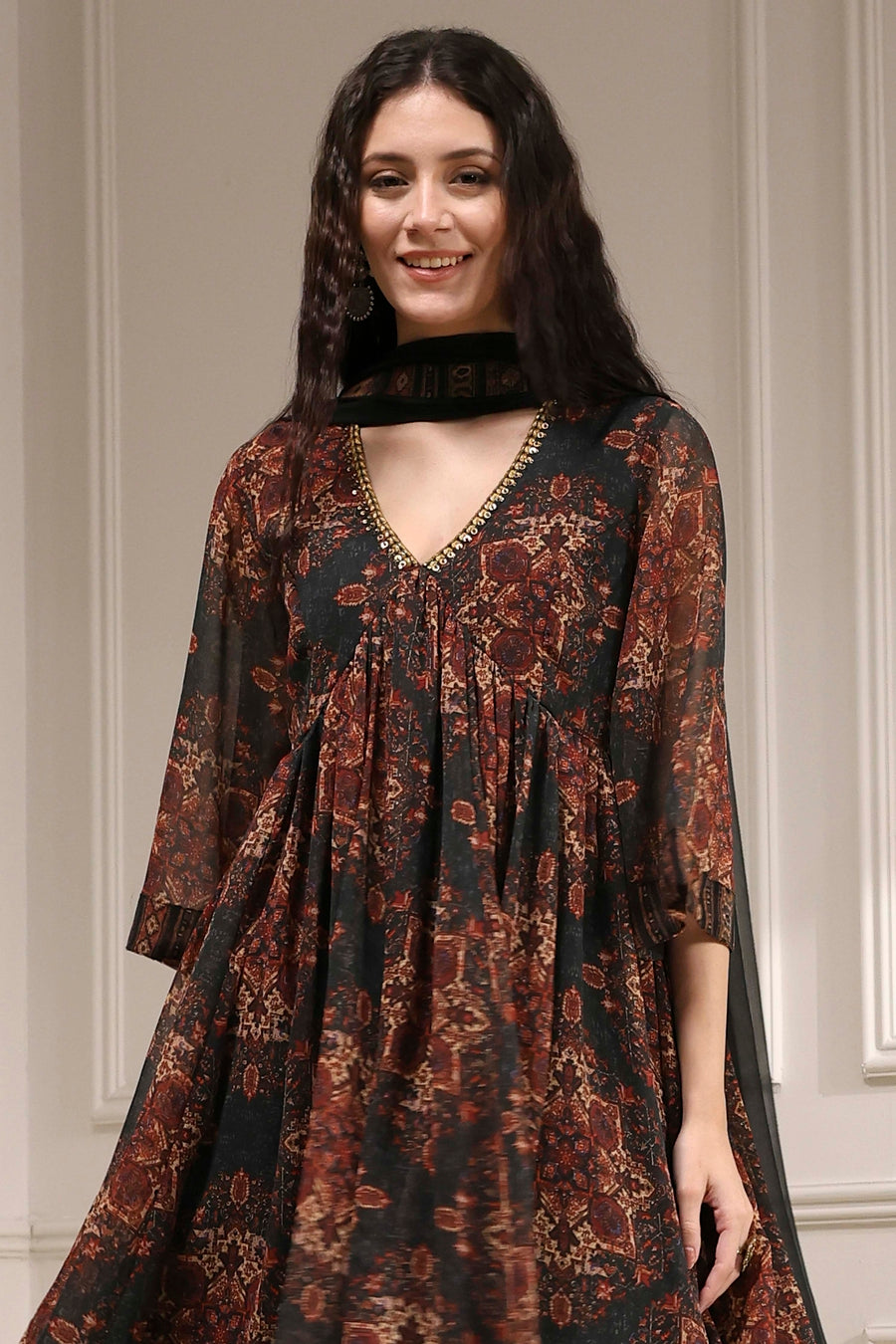 Charcoal Black Printed Gathered Suit Set KS60