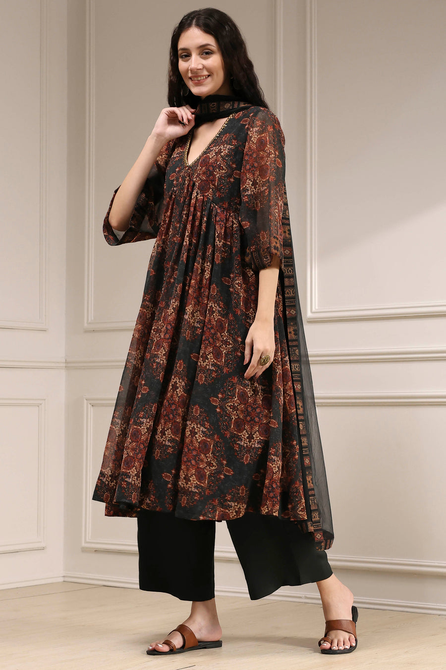 Charcoal Black Printed Gathered Suit Set KS60