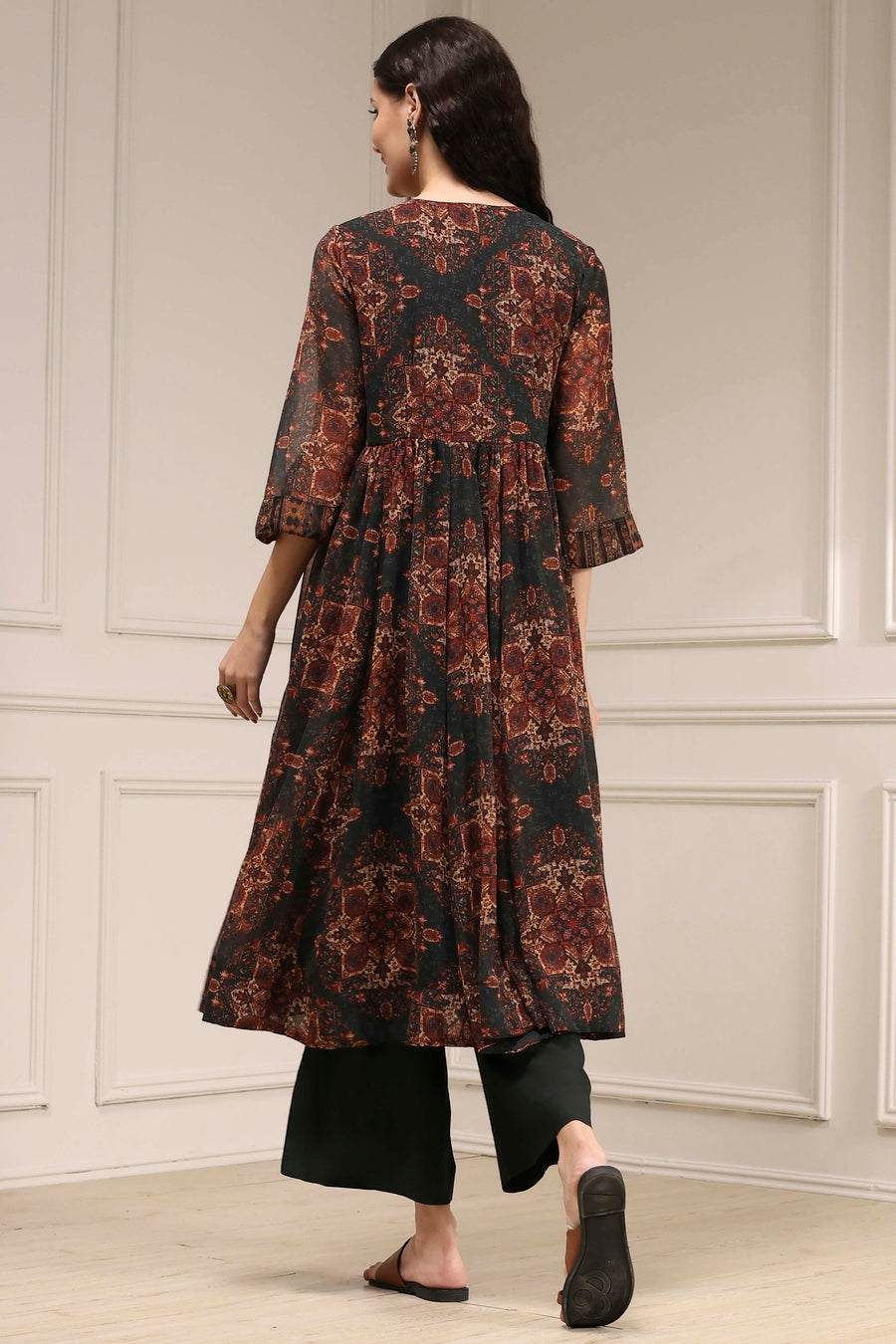 Charcoal Black Printed Gathered Suit Set KS60
