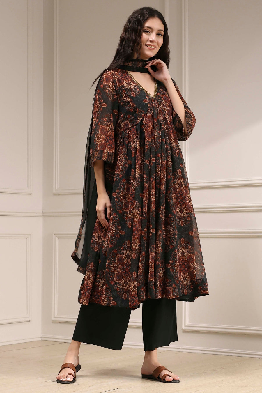 Charcoal Black Printed Gathered Suit Set KS60