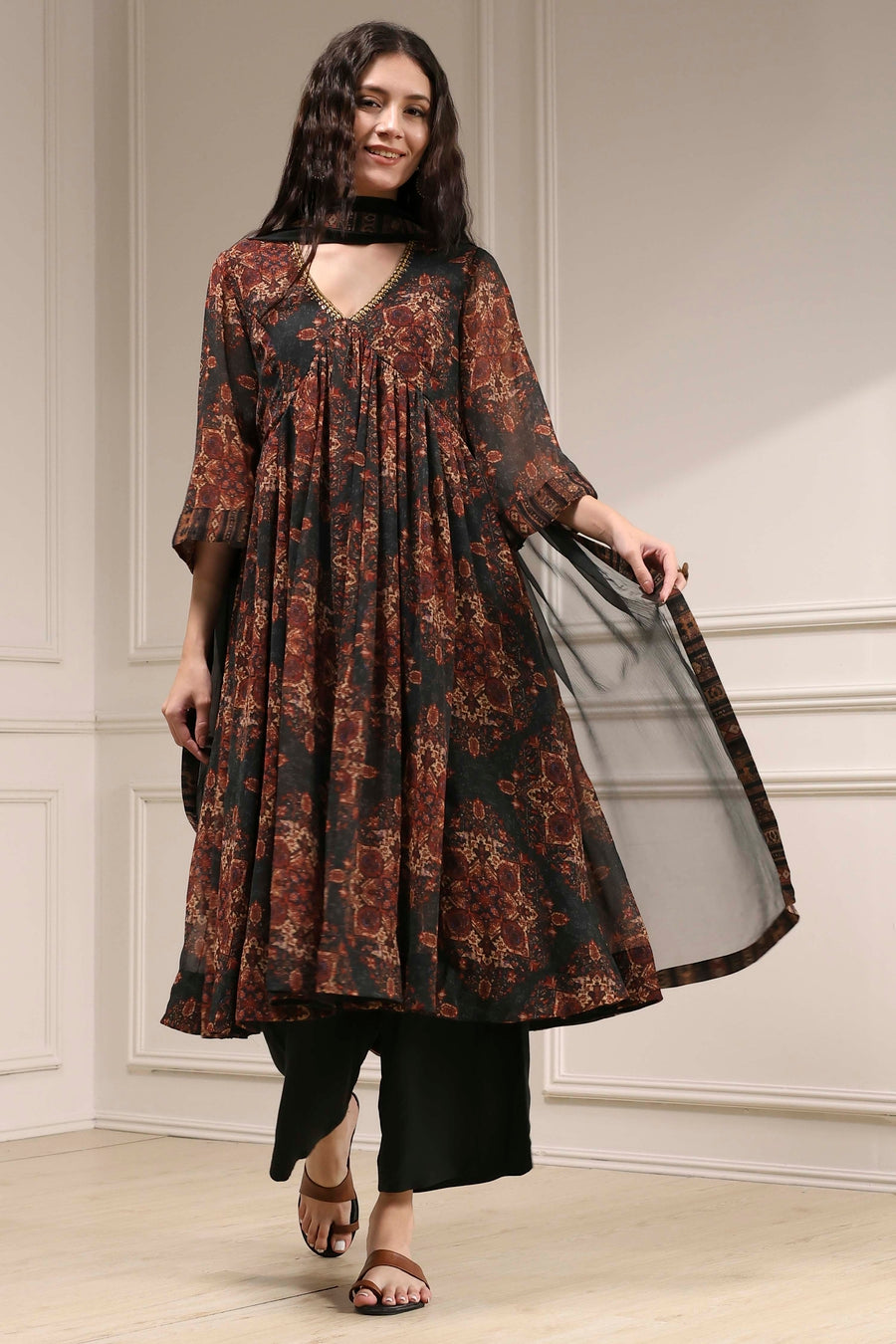 Charcoal Black Printed Gathered Suit Set KS60