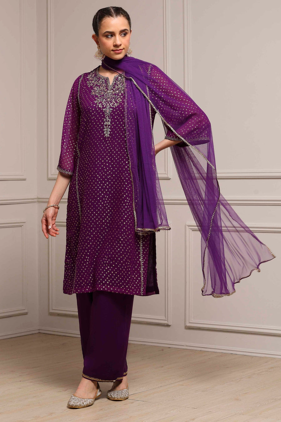 Purple Poly Georgette Printed Straight Suit Set KS60