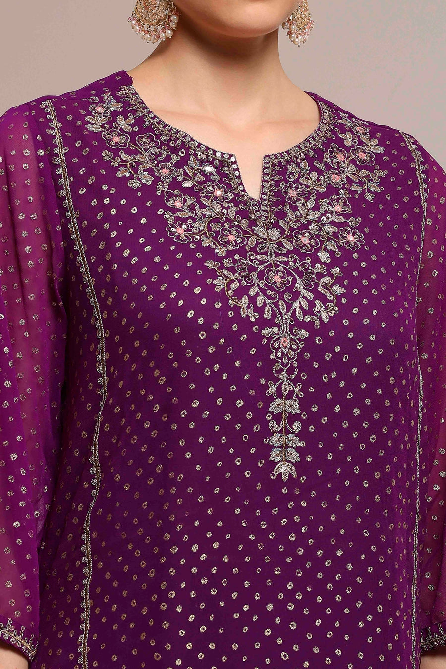 Purple Poly Georgette Printed Straight Suit Set KS60