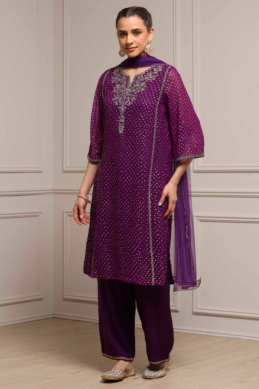 Purple Poly Georgette Printed Straight Suit Set KS60