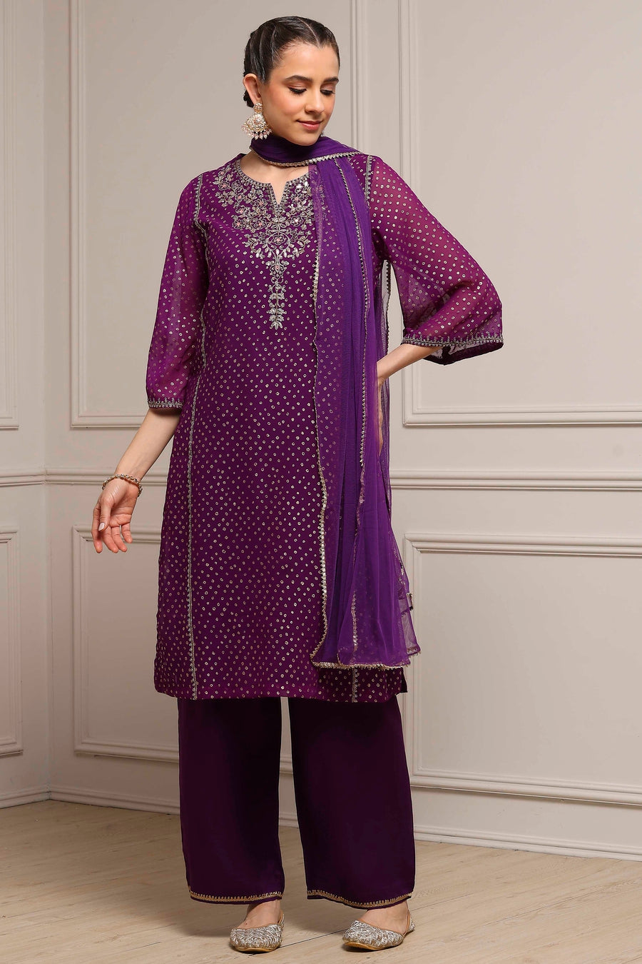 Purple Poly Georgette Printed Straight Suit Set KS60