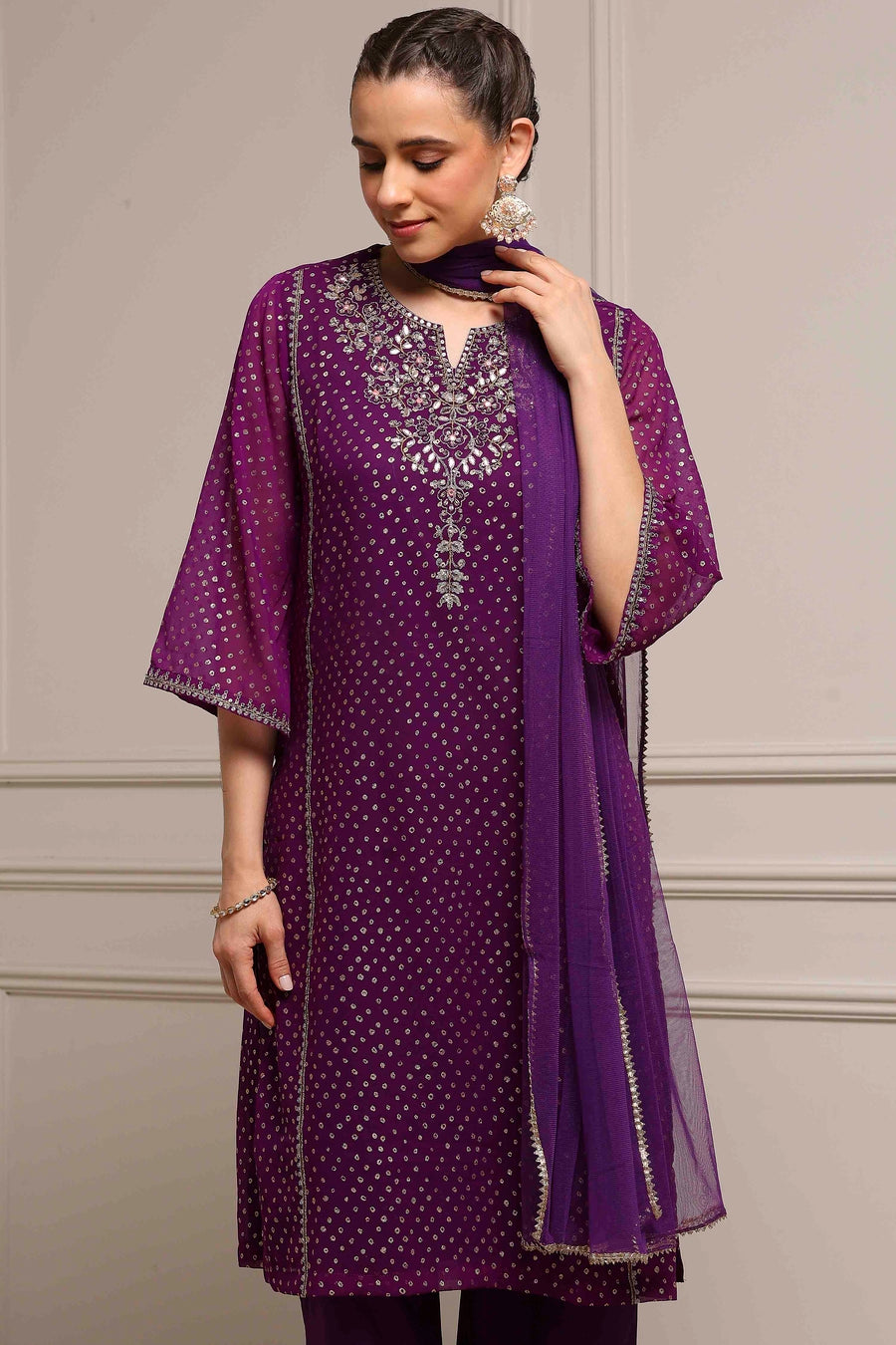 Purple Poly Georgette Printed Straight Suit Set KS60