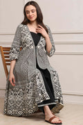 White and Black Cotton Printed Anarkali Fusion Set KS60
