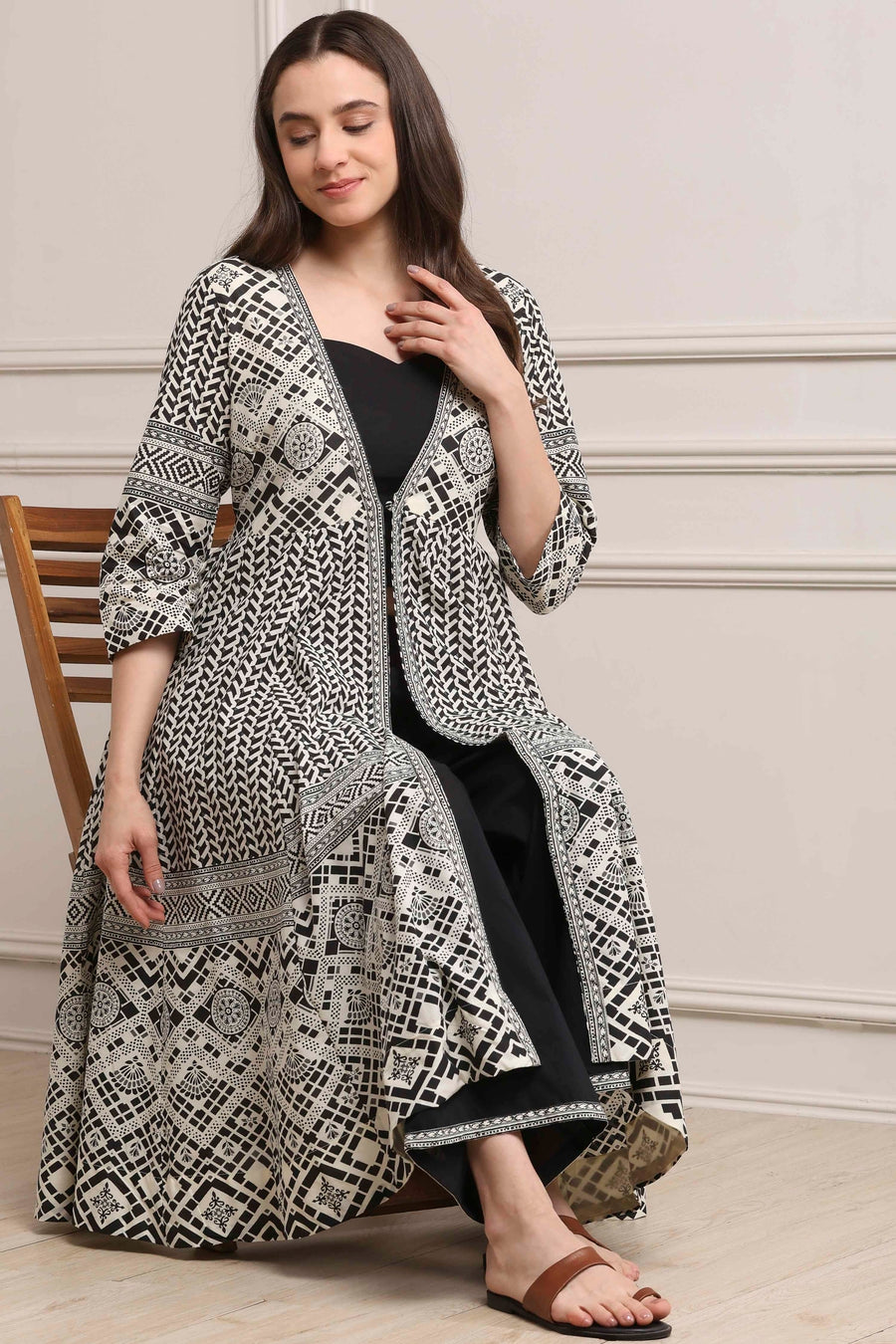 White and Black Cotton Printed Anarkali Fusion Set KS60