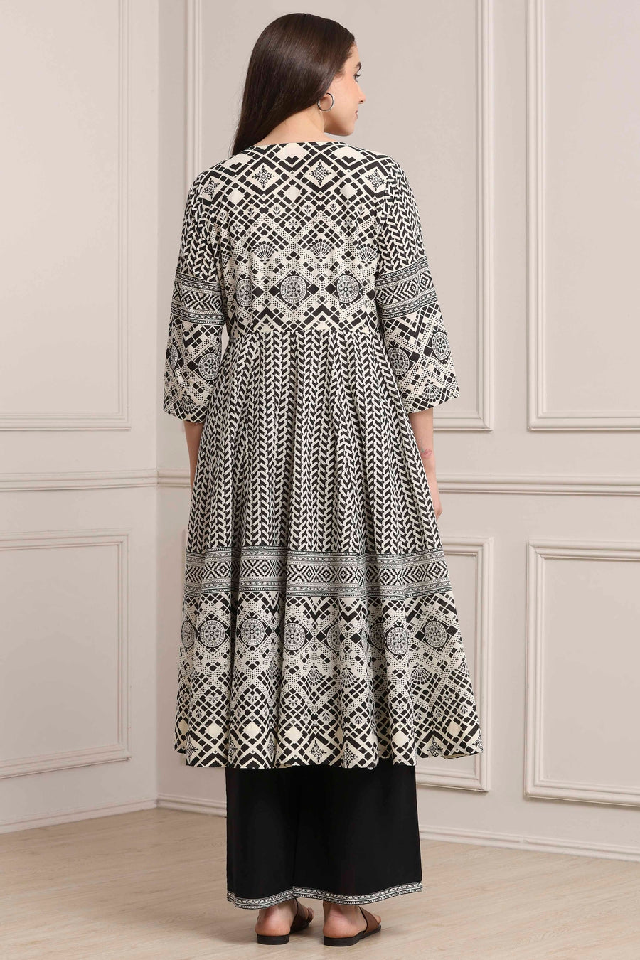 White and Black Cotton Printed Anarkali Fusion Set KS60