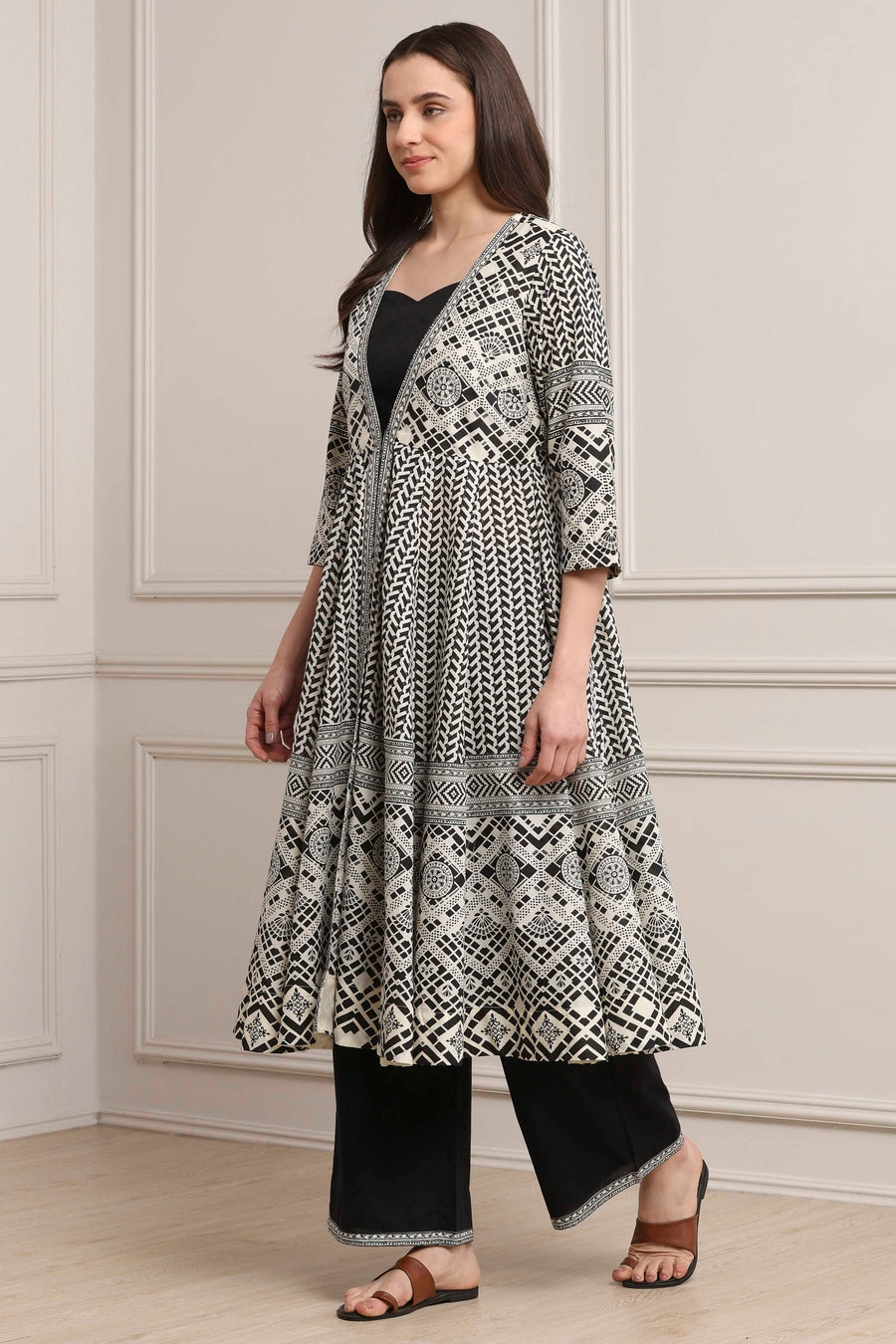 White and Black Cotton Printed Anarkali Fusion Set KS60