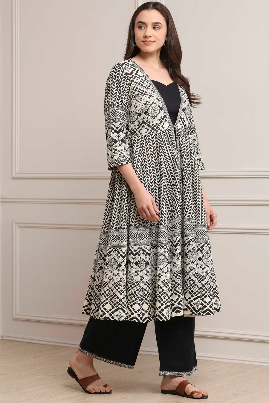 White and Black Cotton Printed Anarkali Fusion Set KS60
