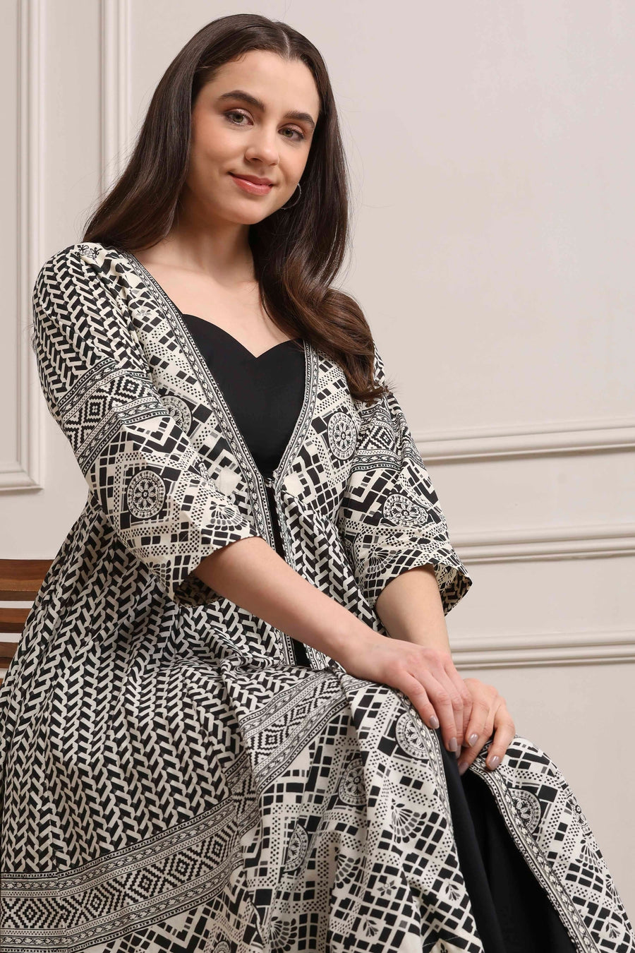 White and Black Cotton Printed Anarkali Fusion Set KS60