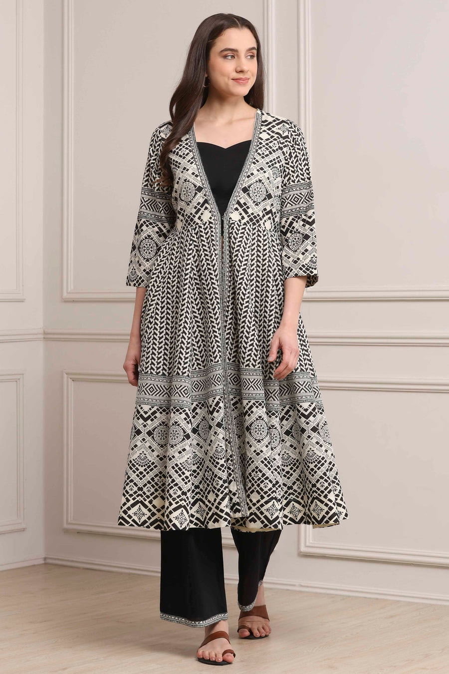 White and Black Cotton Printed Anarkali Fusion Set KS60