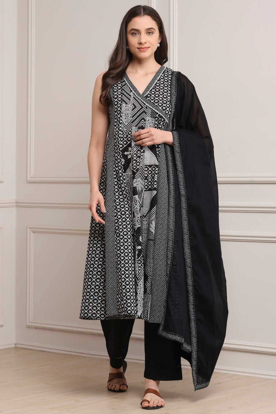 Black Cotton Printed Anarkali Suit Set A34