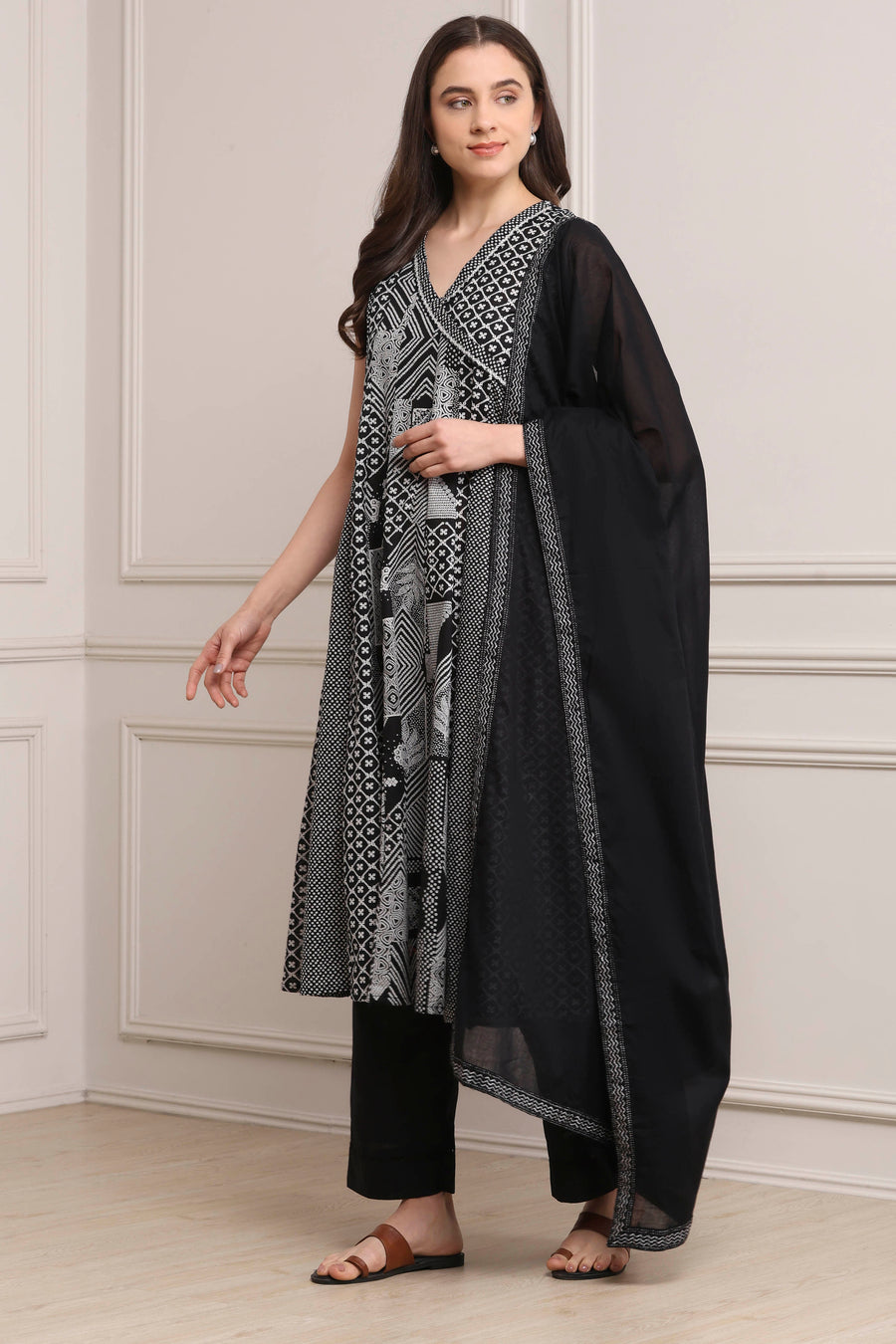 Black Cotton Printed Anarkali Suit Set A34