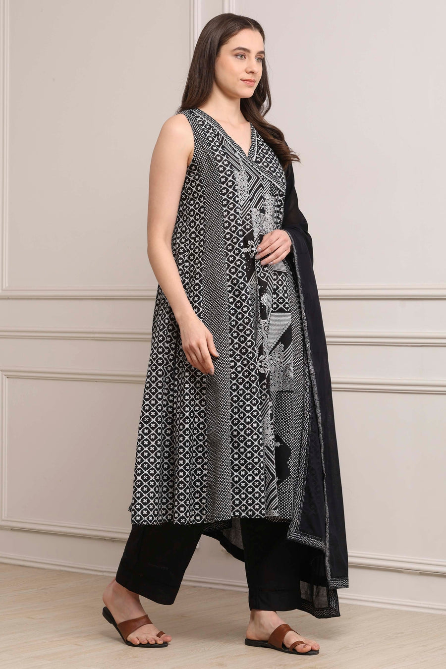Black Cotton Printed Anarkali Suit Set A34