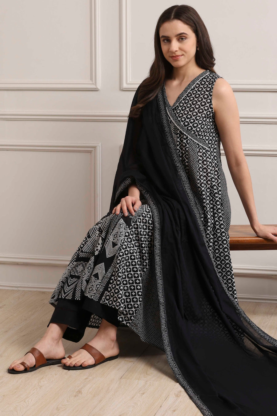 Black Cotton Printed Anarkali Suit Set A34