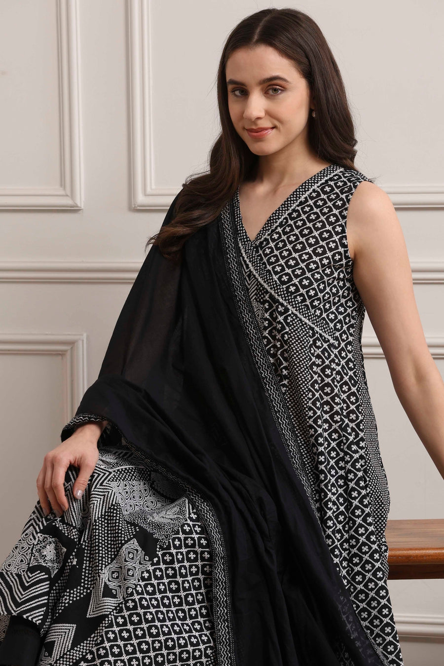 Black Cotton Printed Anarkali Suit Set A34