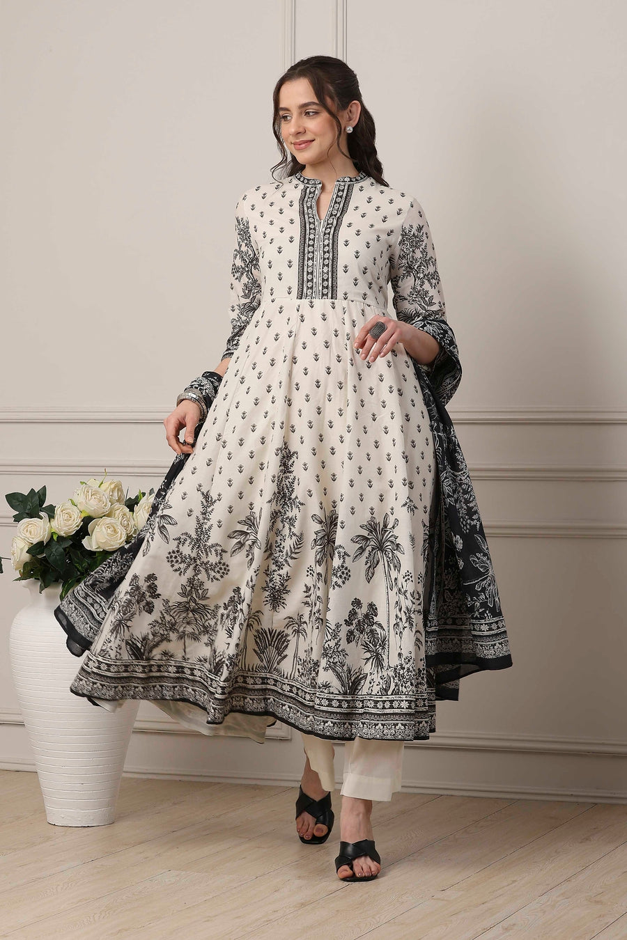 White Cotton Floral Monochrome Anarkali Suit Set A34