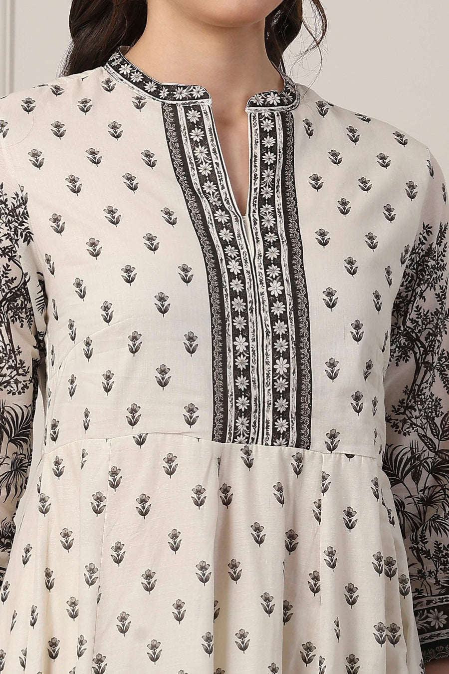 White Cotton Floral Monochrome Anarkali Suit Set A34
