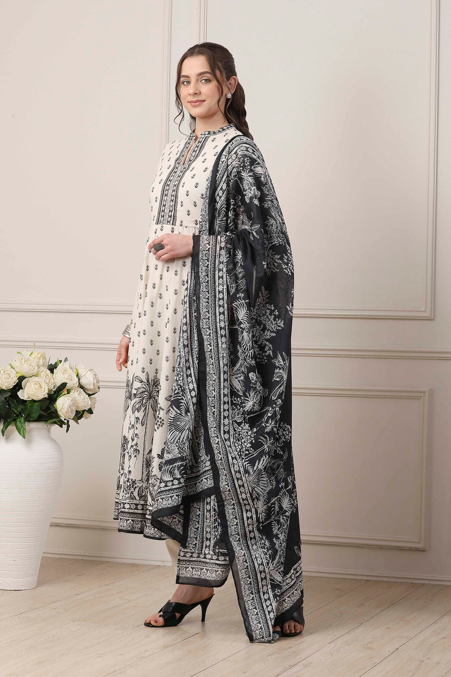 White Cotton Floral Monochrome Anarkali Suit Set A34