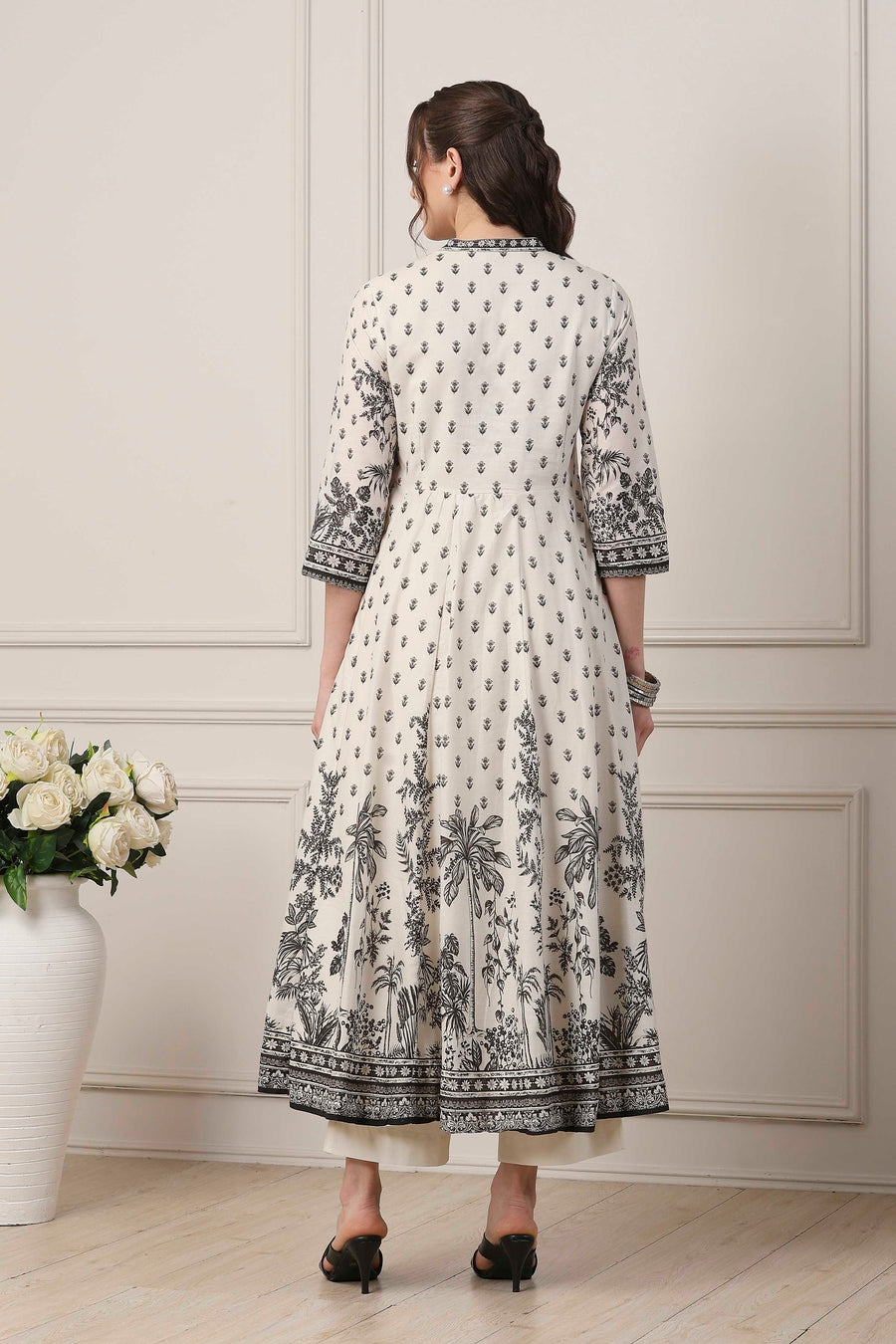 White Cotton Floral Monochrome Anarkali Suit Set A34