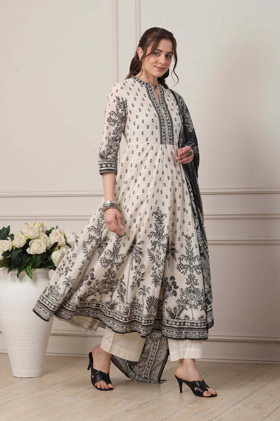 White Cotton Floral Monochrome Anarkali Suit Set A34