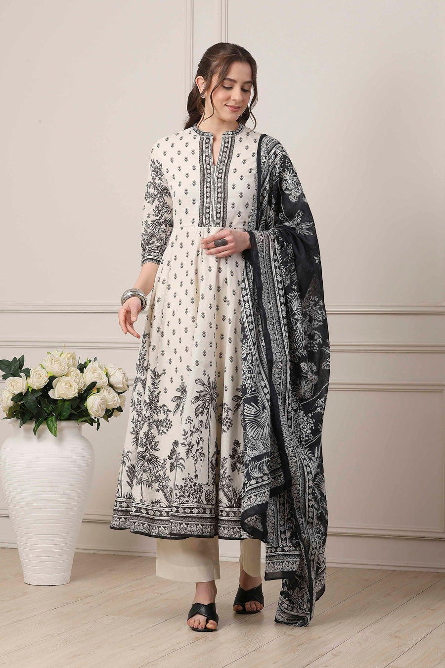 White Cotton Floral Monochrome Anarkali Suit Set A34