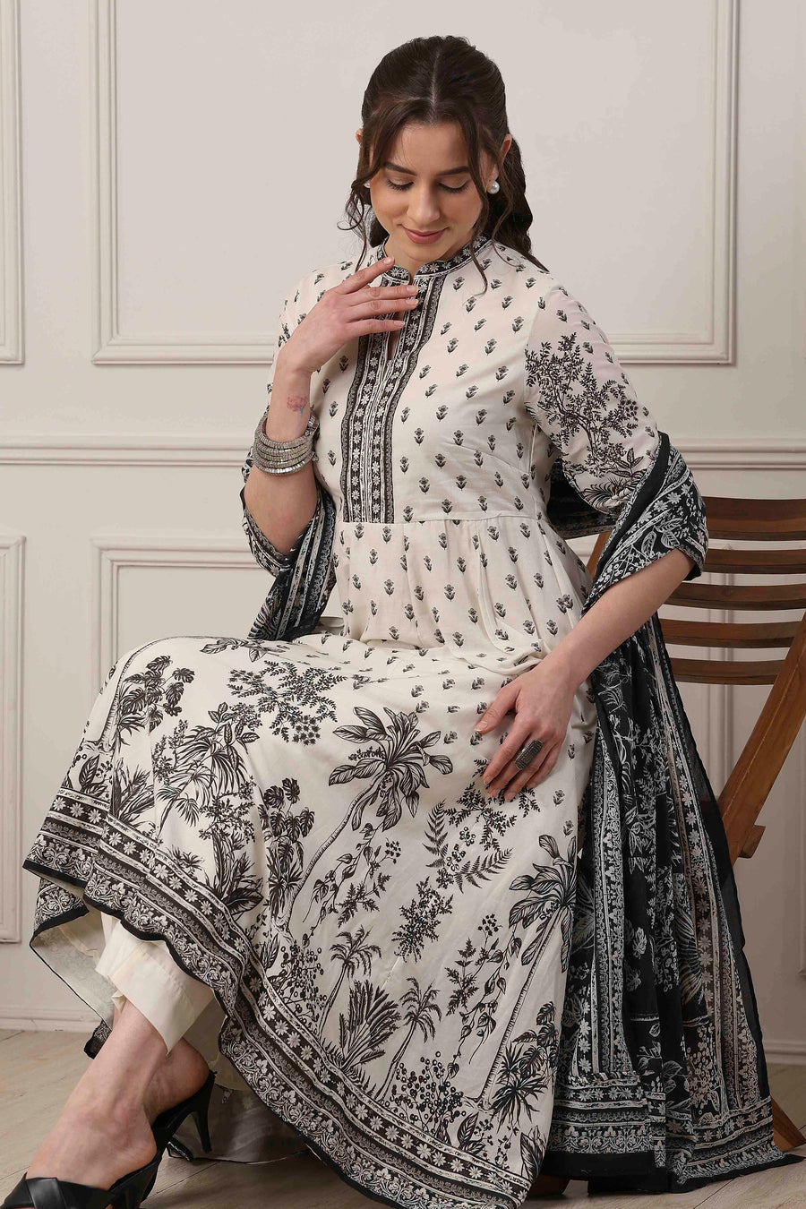 White Cotton Floral Monochrome Anarkali Suit Set A34