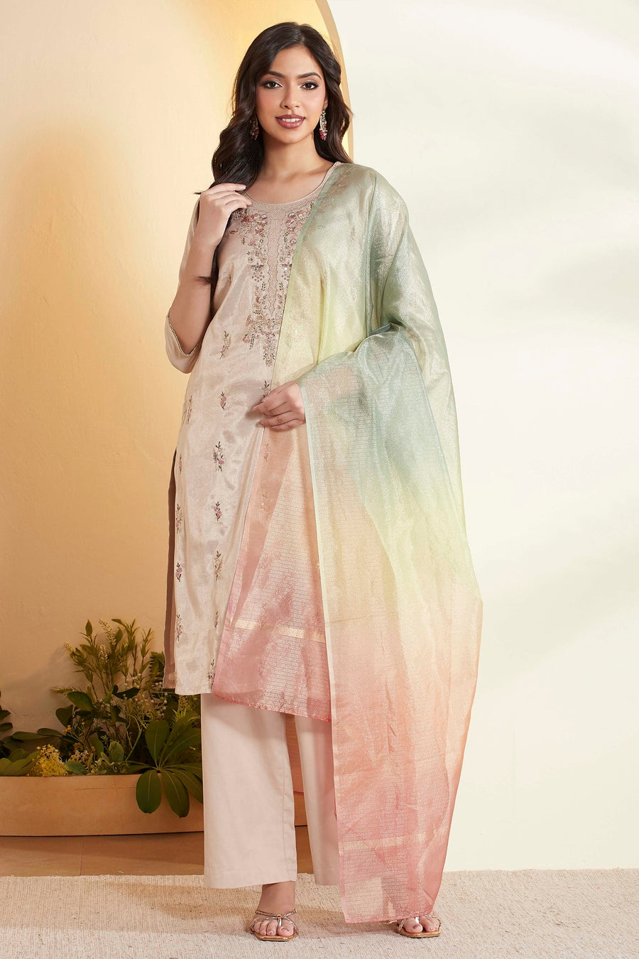Off-White Cotton Embroidered Straight Kurta Set KS60
