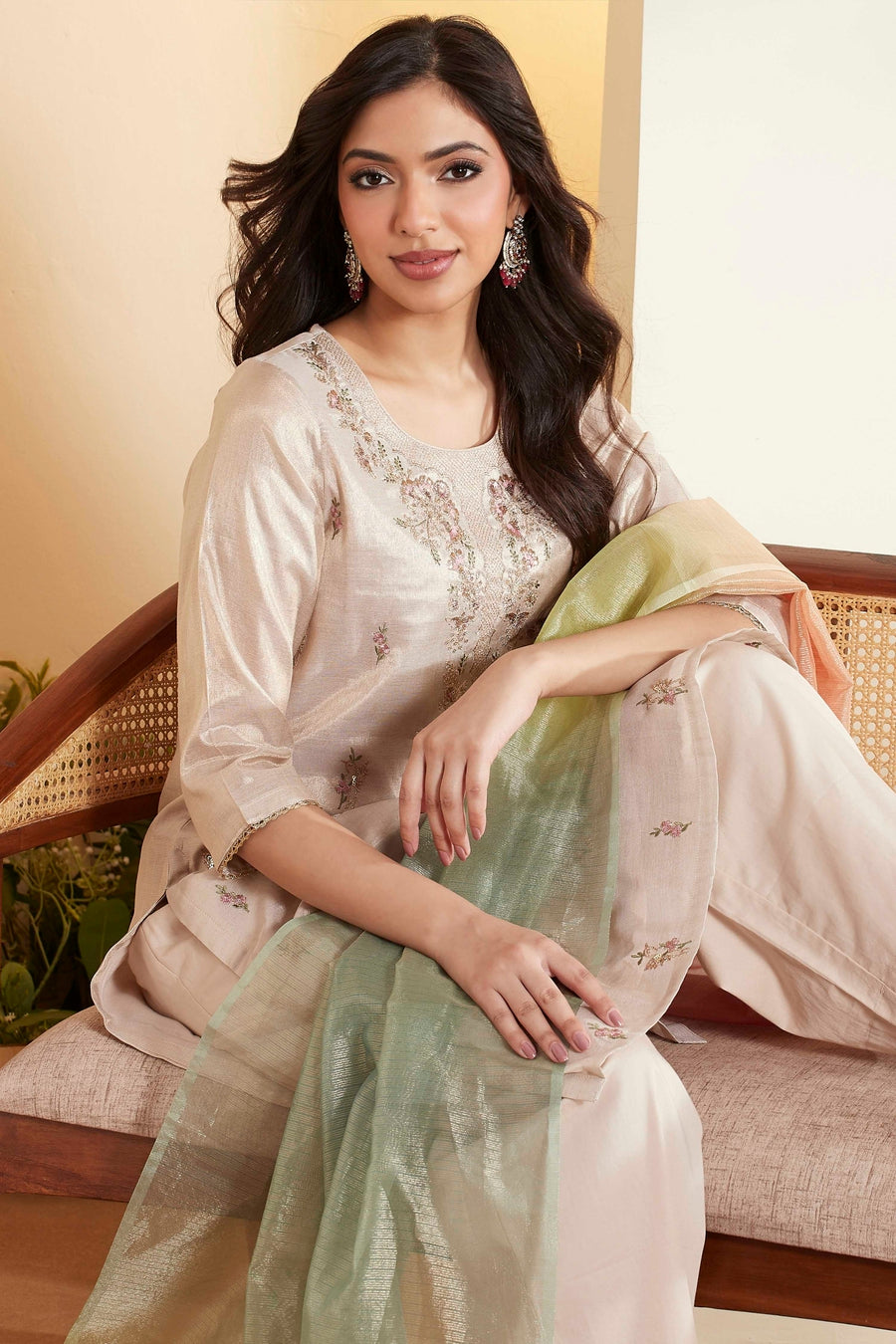 Off-White Cotton Embroidered Straight Kurta Set KS60