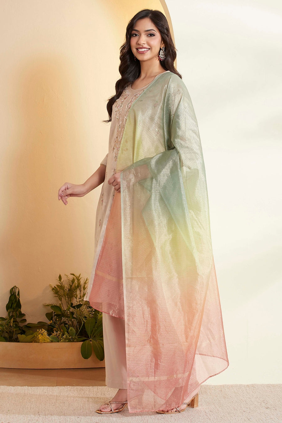Off-White Cotton Embroidered Straight Kurta Set KS60